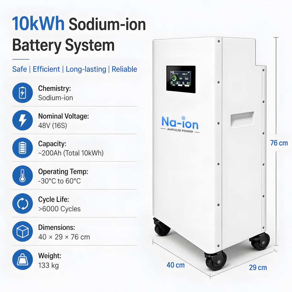 Ampulse Power 48V 10kWh Sodium Ion Battery Energy Storage ESS For Home Backup Cold Climate Resistant Safe Na-ion Storage Pack