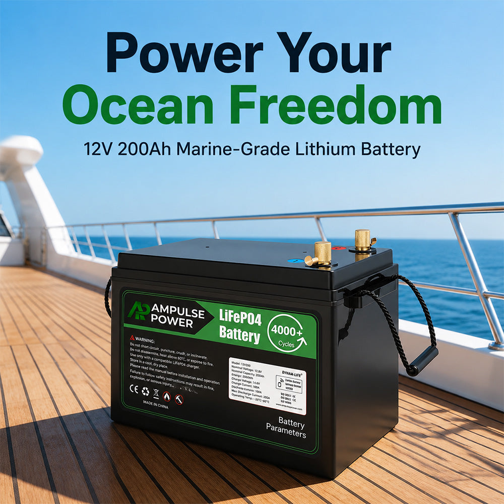 12V 200Ah Marine-Grade Lithium Battery by Ampulse Power, designed for ocean freedom on yachts and boats.