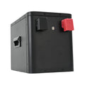 Heavy-duty 12V LiFePO4 battery box with a rugged black casing, side handles, and protected red and black power terminals for safe RV and marine connections.