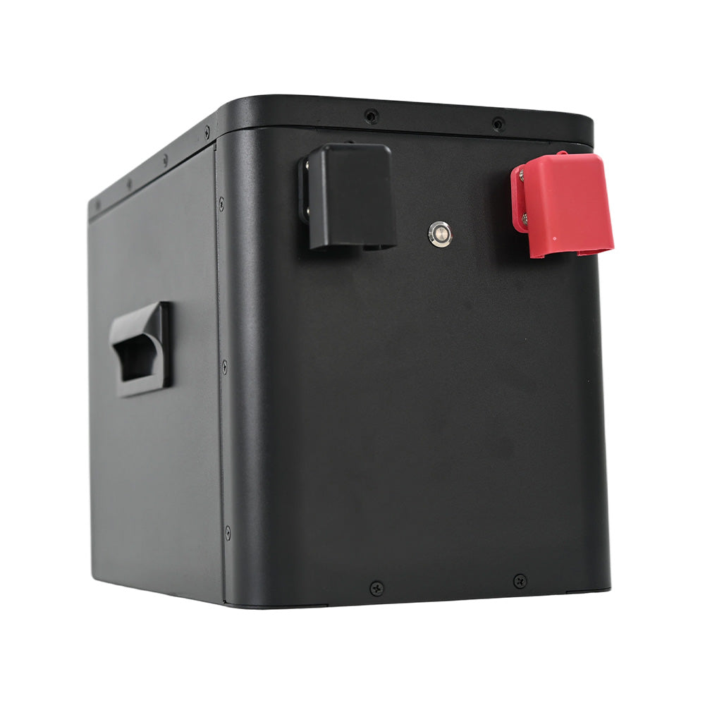 Heavy-duty 12V LiFePO4 battery box with a rugged black casing, side handles, and protected red and black power terminals for safe RV and marine connections.