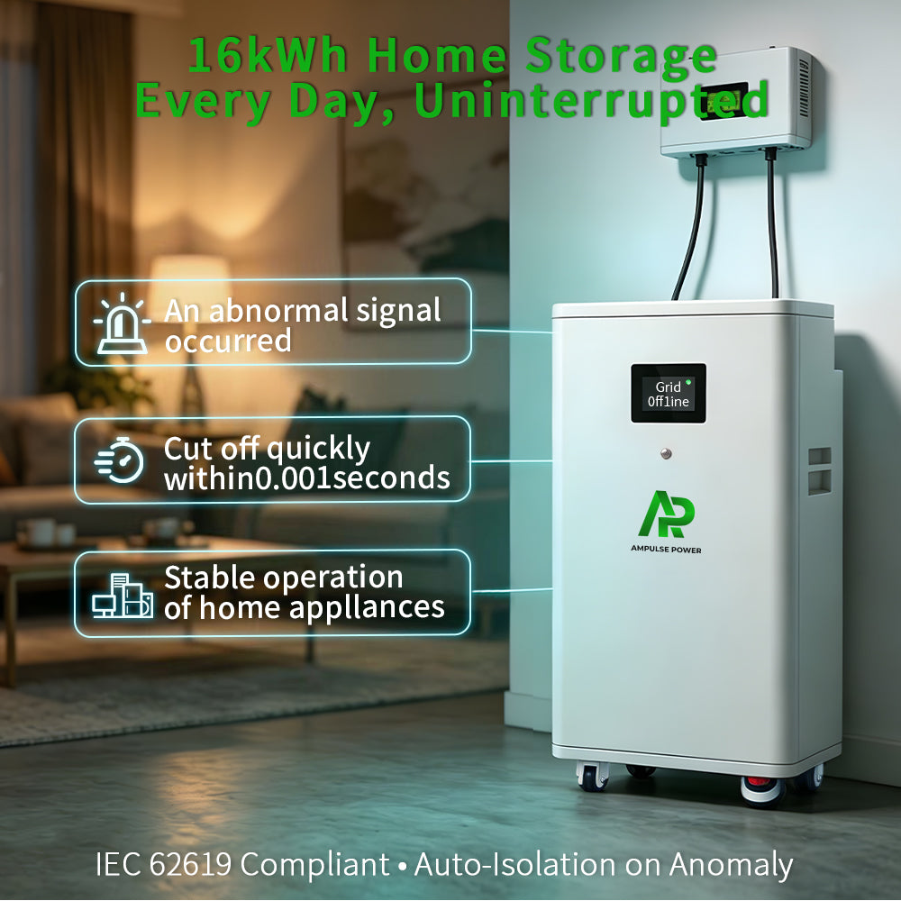 16kWh home energy storage with auto-isolation feature for system anomaly protection.