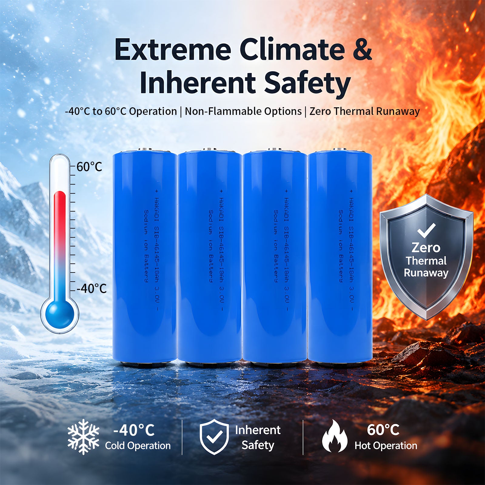 Stable 18Ah Sodium Ion Battery Cell Wide Temperature Minus 40 To 60 Celsius Operation Inherent Safety Non Flammable
