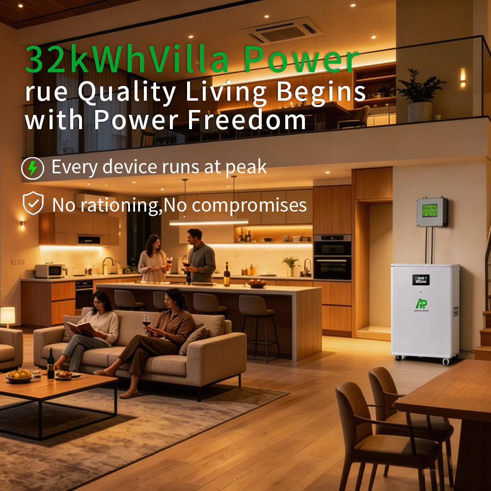 Ampulse Power 32kWh villa-grade solar energy storage for large house backup.