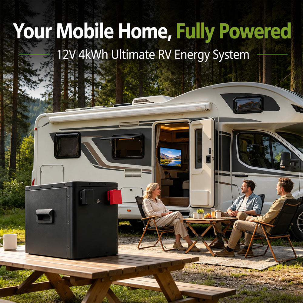 12V 4kWh LiFePO4 battery powering a mobile home in a forest campsite, providing reliable energy for an off-grid lifestyle with family and friends.