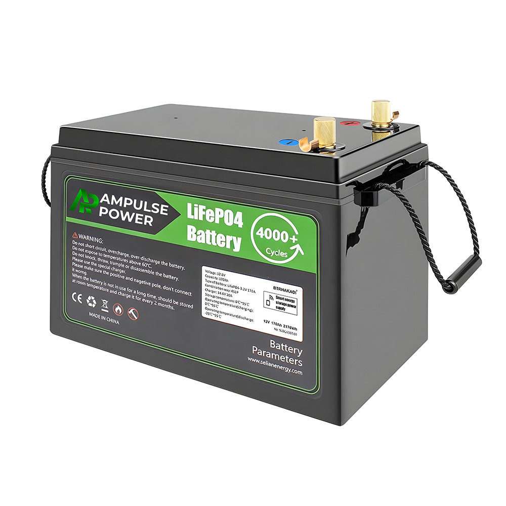 Ampulse Power 12V LiFePO4 deep cycle battery with 4000+ cycles, featuring a durable black casing and heavy-duty terminals.