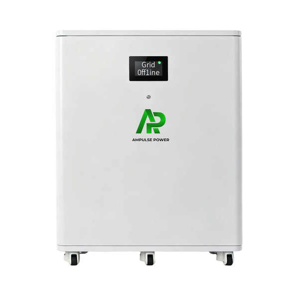 Front view of Ampulse Power 32kWh home solar energy storage battery system.