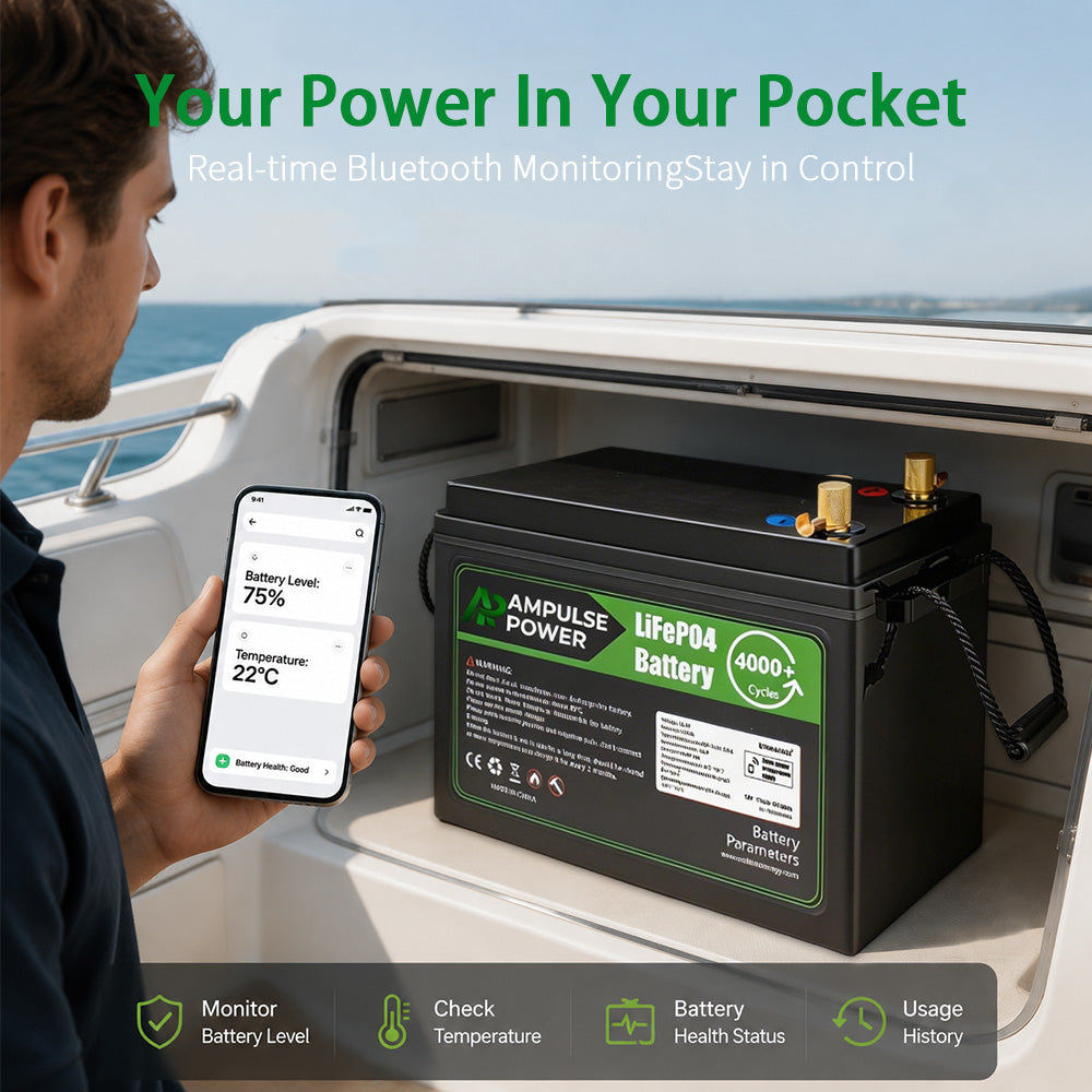 User monitoring battery level, temperature, and health status in real-time via Bluetooth app on a smartphone connected to the Ampulse Power battery.