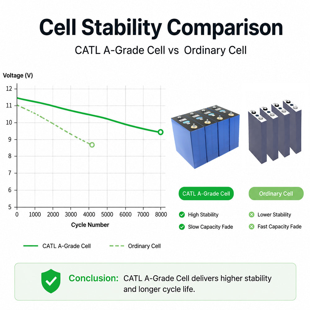 Graph comparing CATL A-Grade LiFePO4 cells vs. ordinary cells, demonstrating higher voltage stability and slower capacity fade over 8000 cycles for longer battery life.