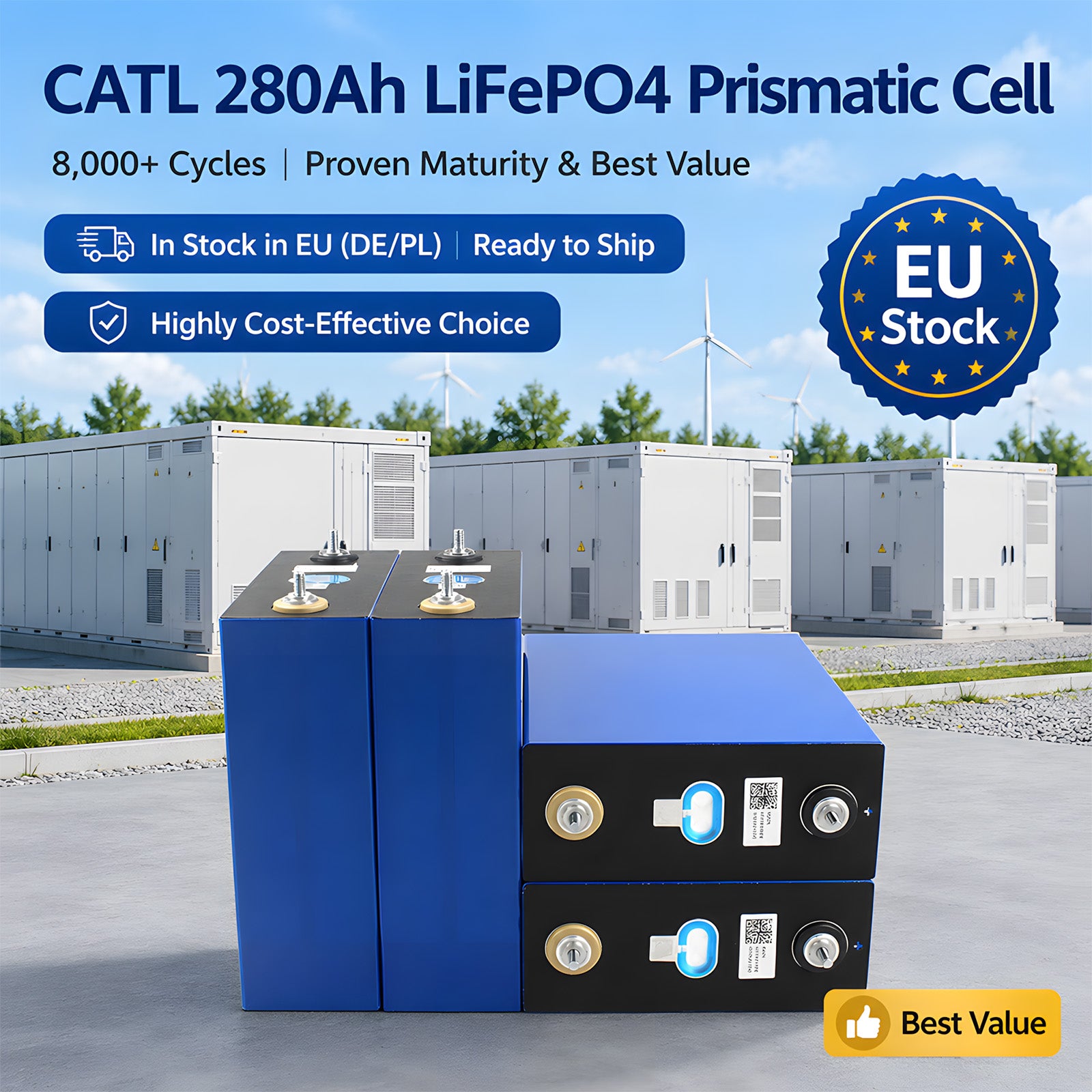 Professional Grade A CATL 3.2V 280Ah LiFePO4 Prismatic Cell 8000 Plus Cycles 896Wh High Density Energy Storage Battery