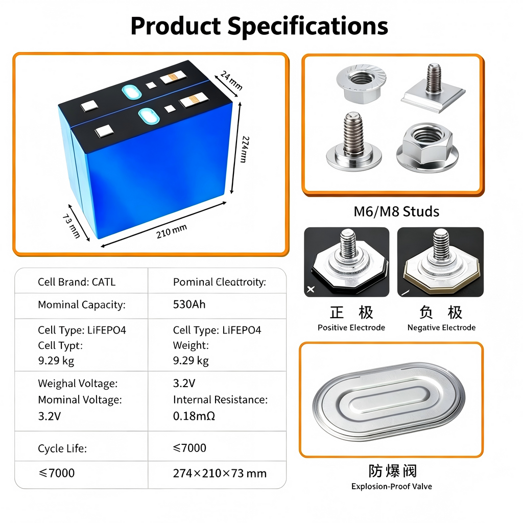 Authentic CATL 530Ah LiFePO4 Battery Cell 3.2V LFP Prismatic for Industrial Solar Storage and Home Energy Systems (