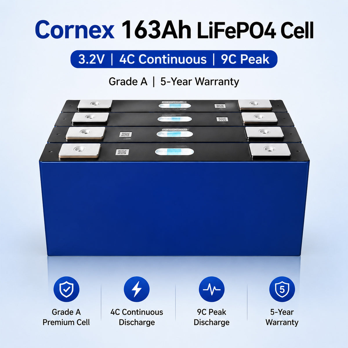 Premium 3.2V CORNEX 163Ah LiFePO4 Grade A Prismatic Cells - Long Life Solar Storage Battery（8 pieces/box）