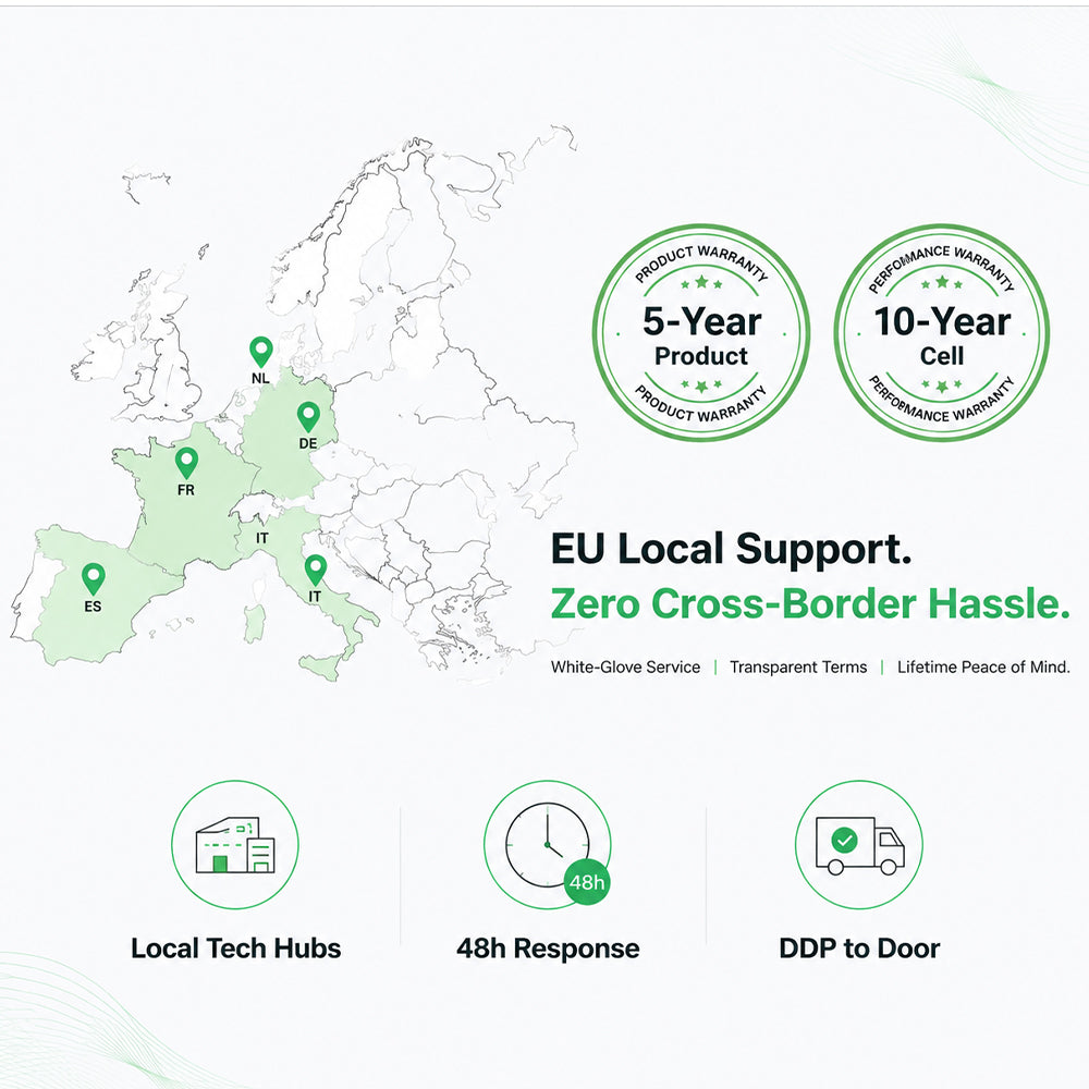 European local technical support and 10-year battery cell warranty for solar storage.