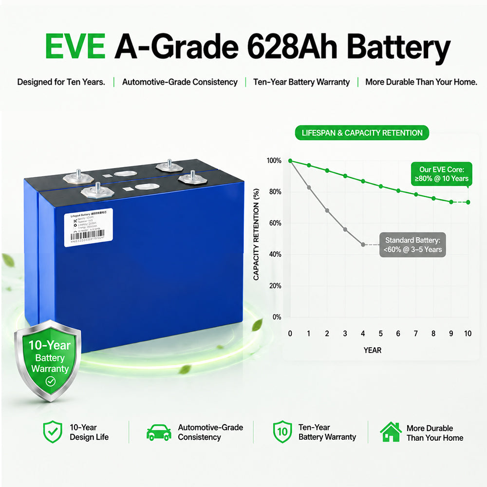 EVE A-Grade 628Ah battery cell with ten-year warranty for energy storage.
