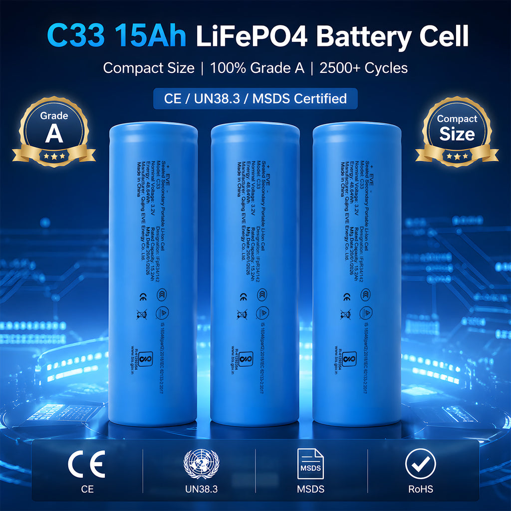 Premium EVE C33 3.2V 15Ah LiFePO4 Cylindrical Battery Cell for Solar & RV(60 piece/box)