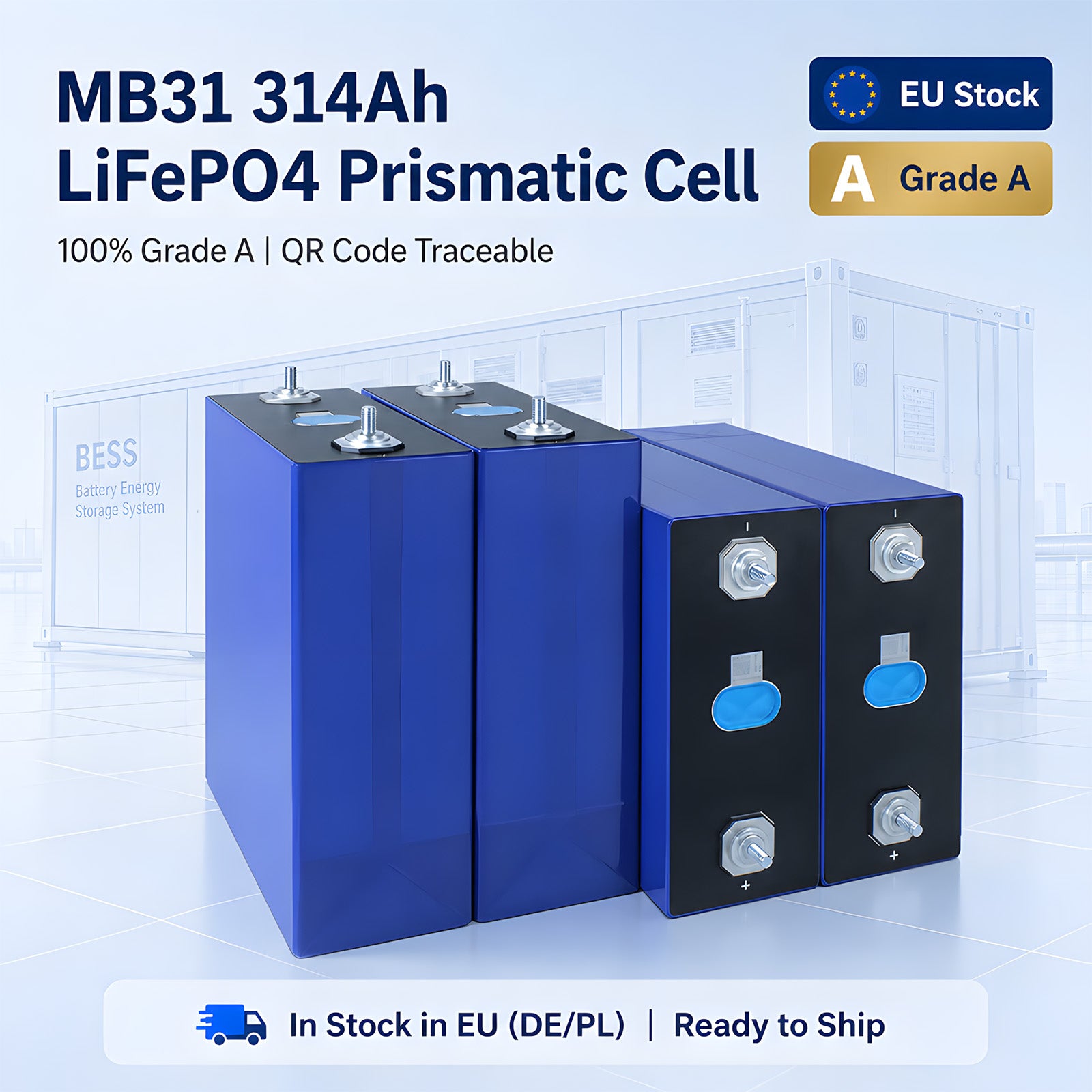 DDP EU Stock MB31 314Ah LiFePO4 Cells 3.2V Prismatic Battery 8000 Plus Cycles For Residential Solar System