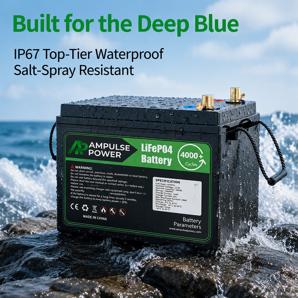 Rugged LiFePO4 battery on wet rocks demonstrating IP67 top-tier waterproof and salt-spray resistant capabilities for deep blue sea usage.