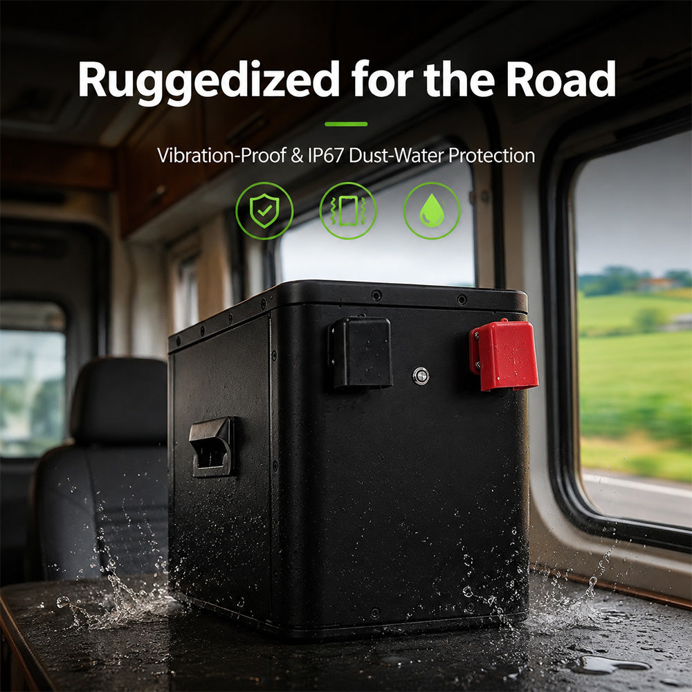 Ruggedized LiFePO4 battery with IP67 dust and water protection rating, shown resisting water splashes and vibration for durable road travel performance.