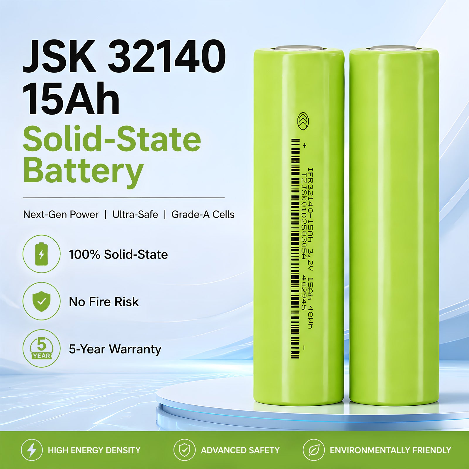 Premium JSK 15Ah 3C Solid State LiFePO4 Battery 32140 Cell 3.2V Cylindrical Lithium Iron Phosphate for Solar ESS RV Marine（40 pieces/box）