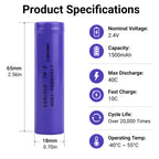 LTO 18650 2.4V 1500mAh Lithium Titanate Battery High Discharge 40C 20000 Cycles Rechargeable Cells For Solar Car Audio (100pieces/box))