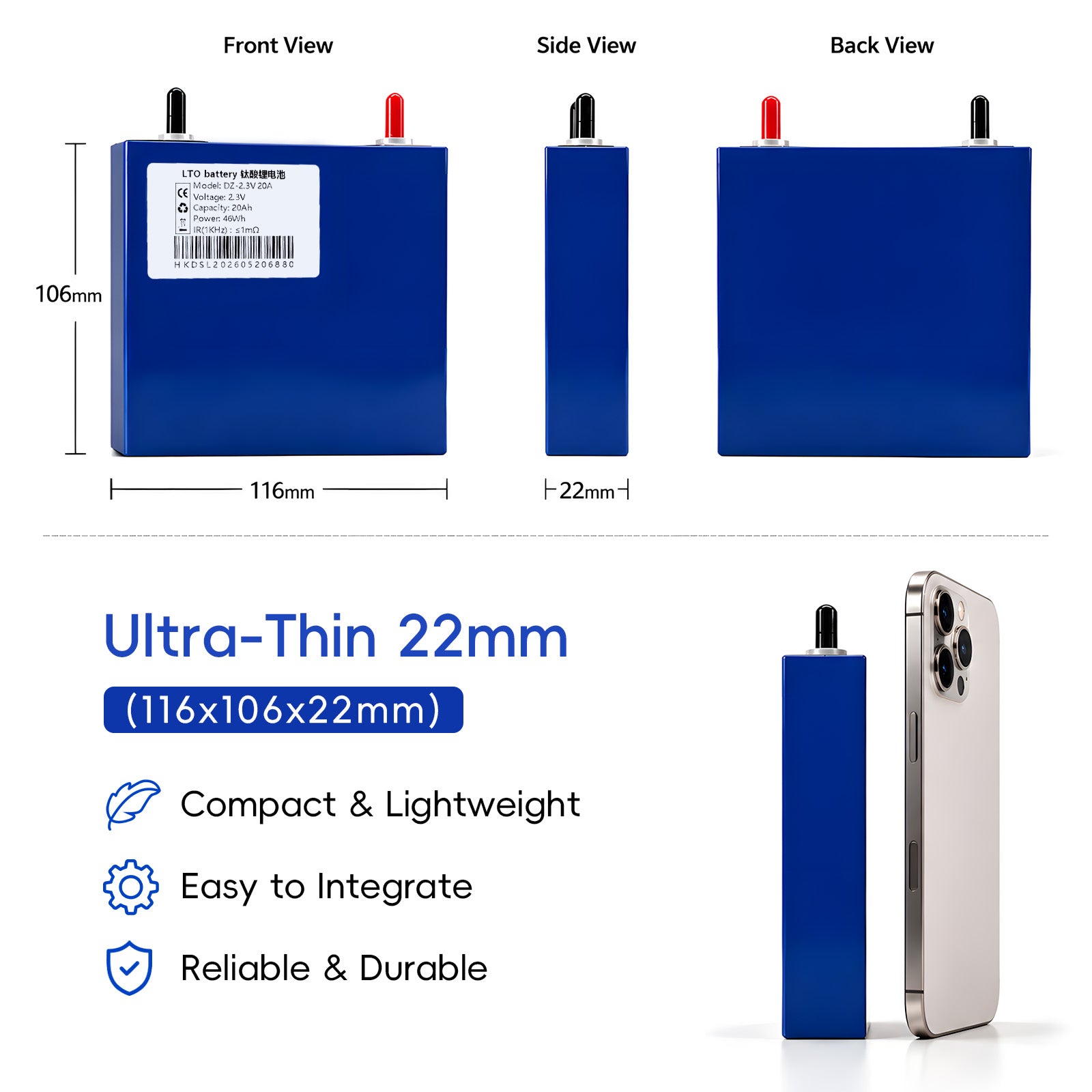 DZ LTO Battery Cell 2.3V 20Ah Lithium Titanate 25000 Cycles High Rate 10C Discharge Fast Charging Prismatic Power Grade A