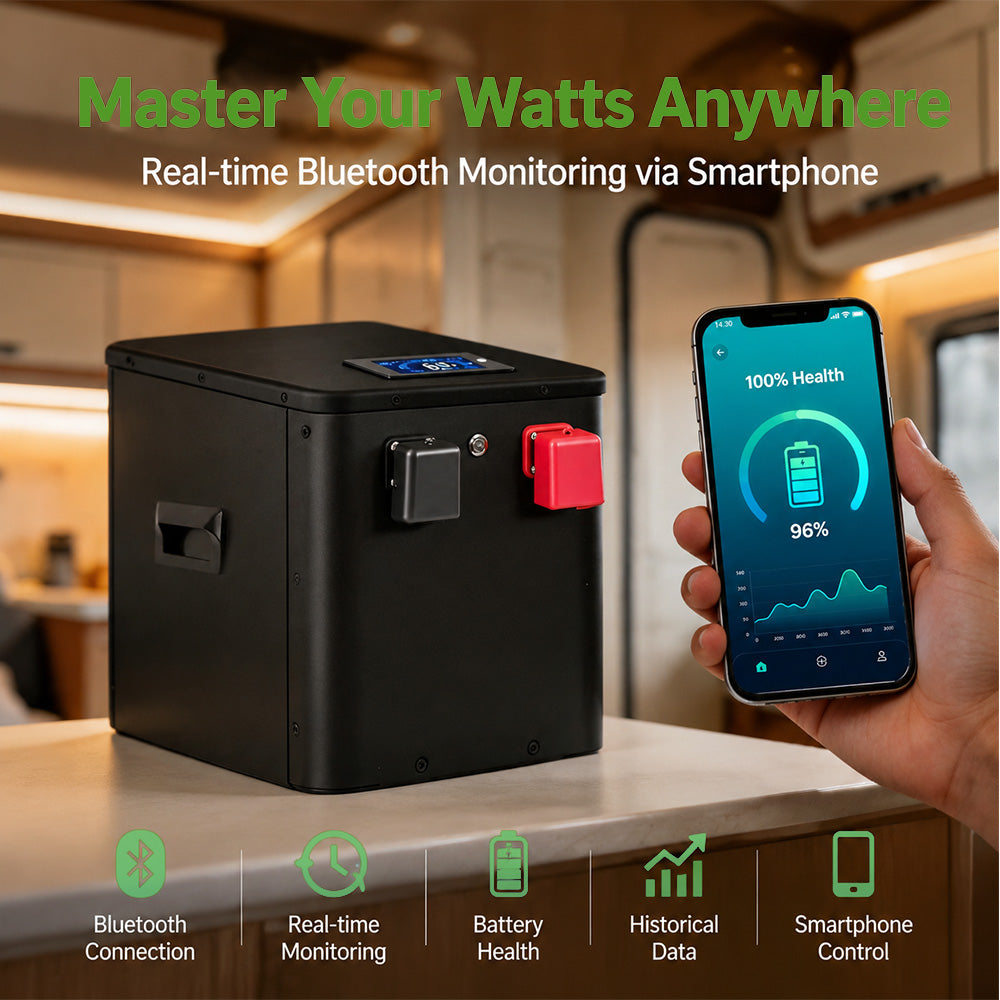 User monitoring battery status via smartphone app, displaying real-time data on battery health, voltage, and historical performance through Bluetooth connection.