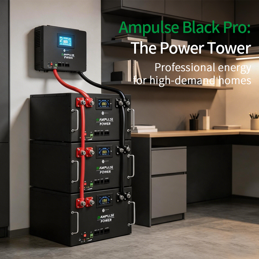 Ampulse Black Pro stackable battery system forming a power tower for high-demand homes, connected to a wall-mounted inverter.