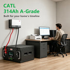 Ampulse home battery storage system with CATL 314Ah A-Grade LiFePO4 cells, 
floor-mounted unit connected to wall inverter, powering a home office workstation