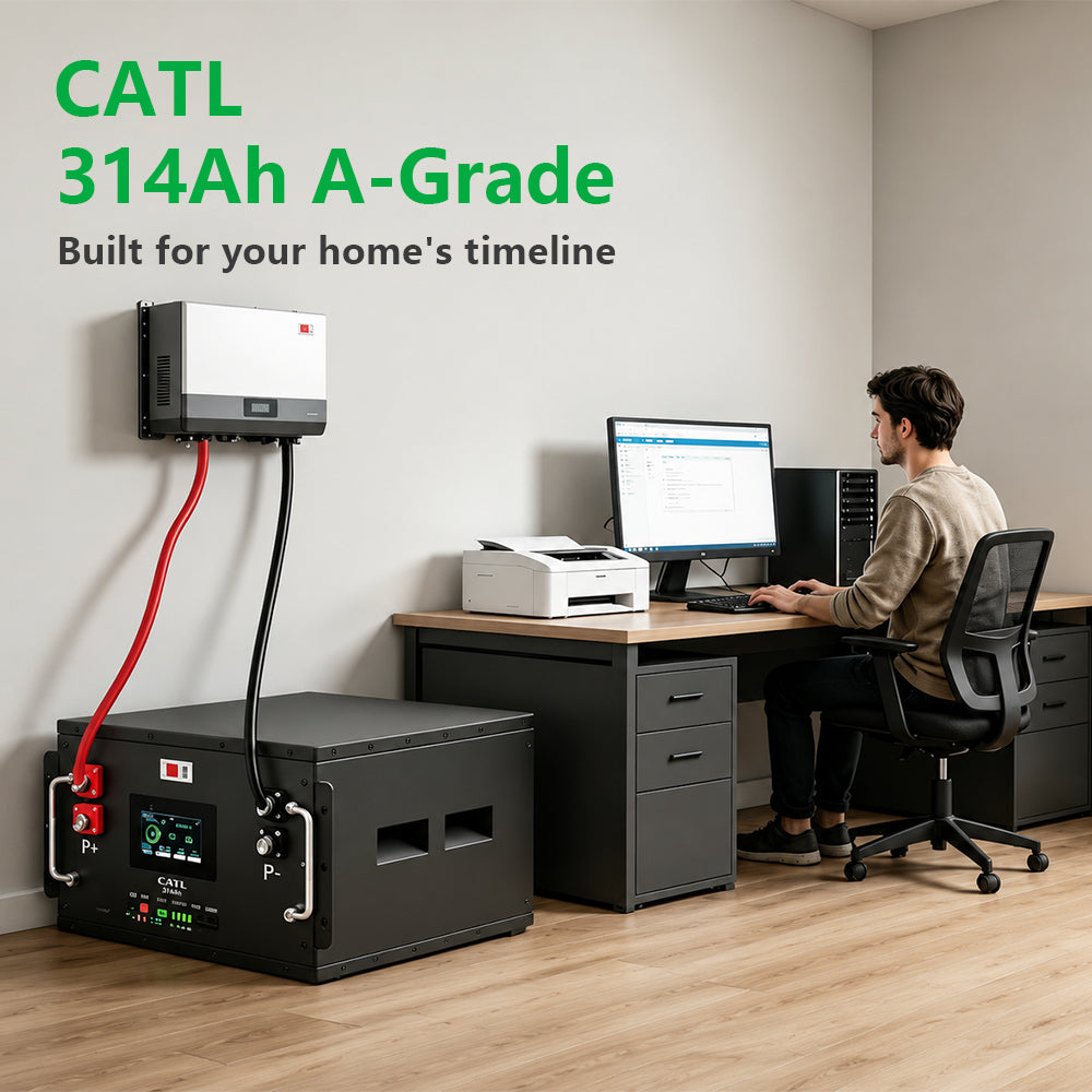 Ampulse home battery storage system with CATL 314Ah A-Grade LiFePO4 cells, 
floor-mounted unit connected to wall inverter, powering a home office workstation