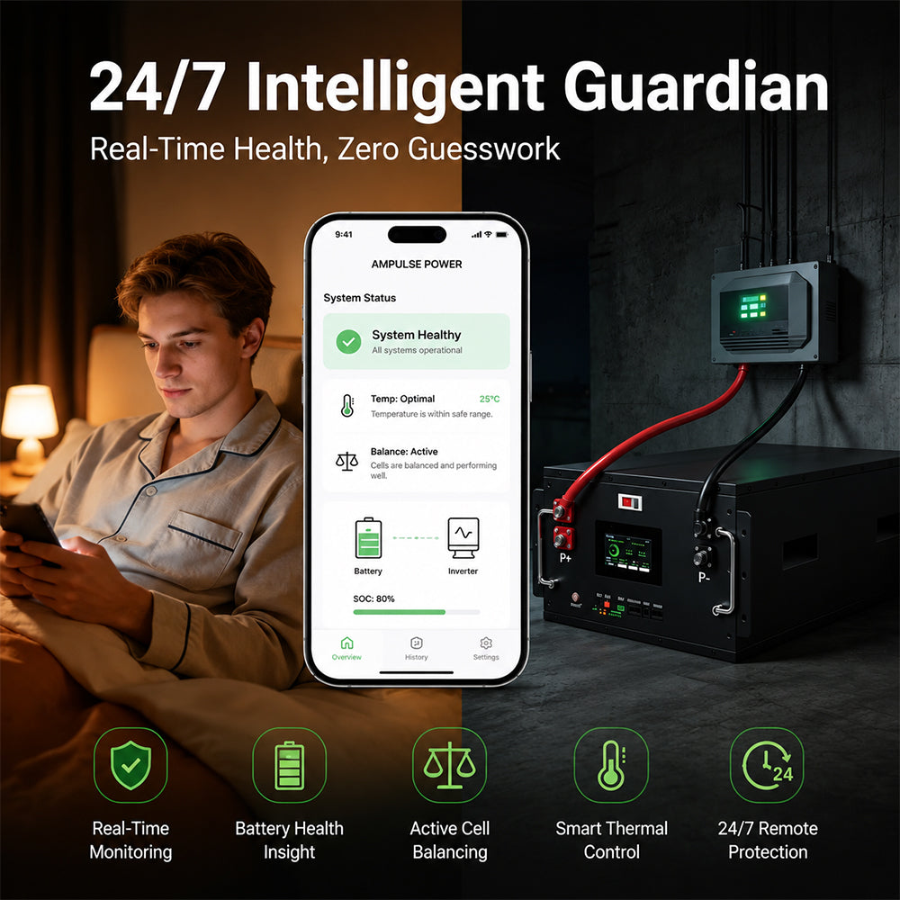 Ampulse Power app displaying real-time home battery system status including 
SOC, temperature monitoring and active cell balancing, with 24/7 remote protection