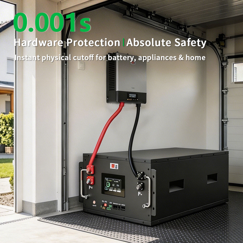 Ampulse LiFePO4 home battery storage system installed in a residential garage, 
featuring 0.001s hardware protection instant physical cutoff for whole-home safety