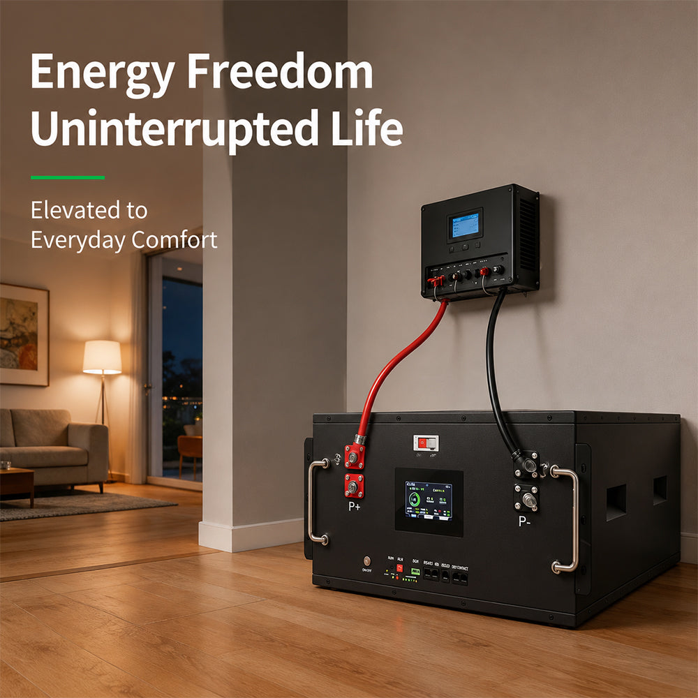 Ampulse LiFePO4 home battery storage system installed in a modern living room, 
connected to a wall-mounted charge controller with real-time LCD display