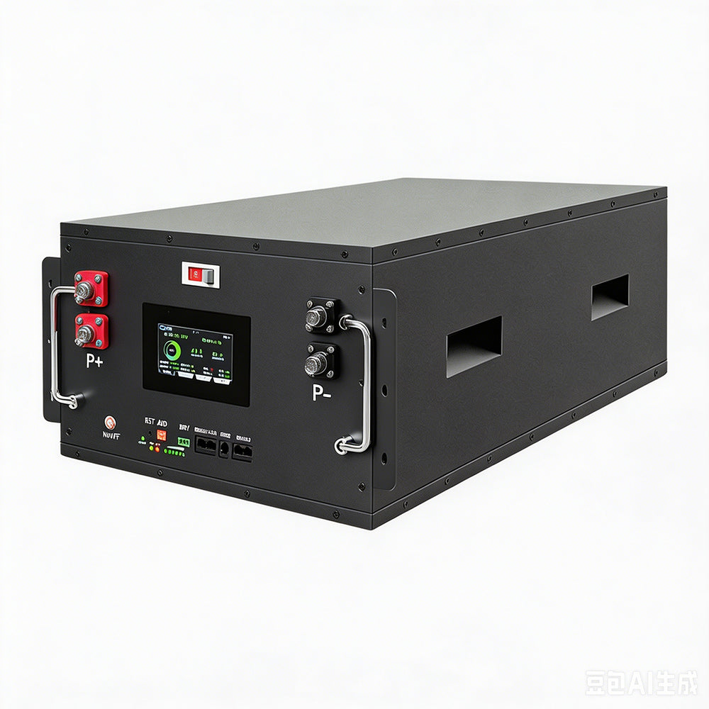 Ampulse LiFeP04 home battery storage unit front view showing LCD status display, P+ P- terminals, BMS indicator lights and hardware protection switch on white background