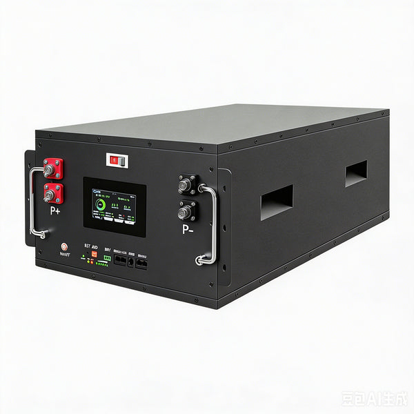 Ampulse LiFeP04 home battery storage unit front view showing LCD status display, P+ P- terminals, BMS indicator lights and hardware protection switch on white background