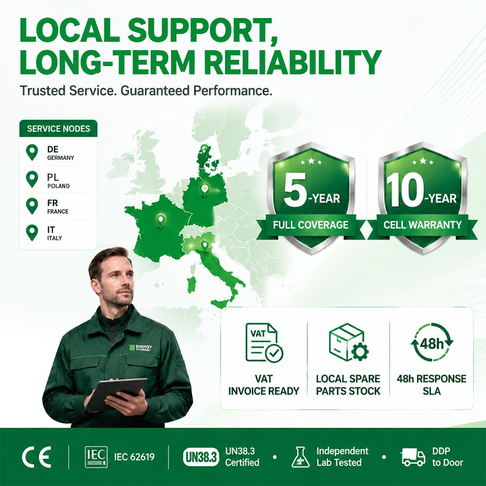 Map of Europe showing Ampulse local service nodes in Germany, Poland, France, and Italy, highlighting 5-year full coverage warranty.