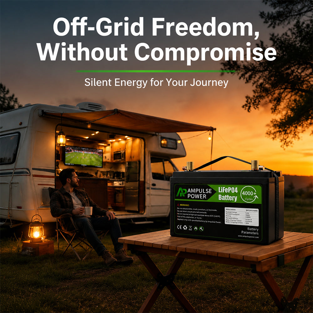 Ampulse Power 120Ah LiFePO4 RV battery providing silent energy for off-grid freedom at a sunset camper campsite.