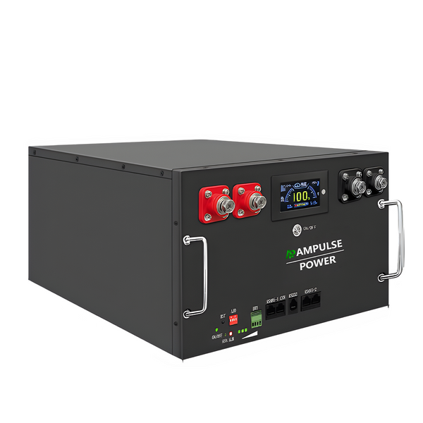 Front view of a single Ampulse POWER 5kWh LiFePO4 battery unit featuring a digital display, indicator lights, and side handles.