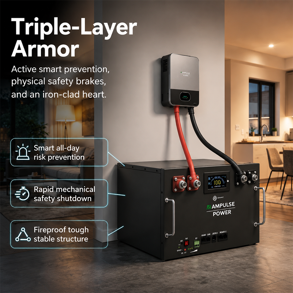 Diagram illustrating the triple-layer armor of Ampulse battery: active smart prevention, mechanical safety brakes, and iron-clad heart.