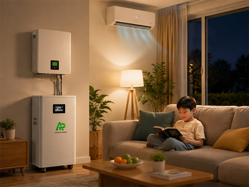 Ampulse Power home energy storage system installed in a modern living room providing backup power for family safety and comfort.