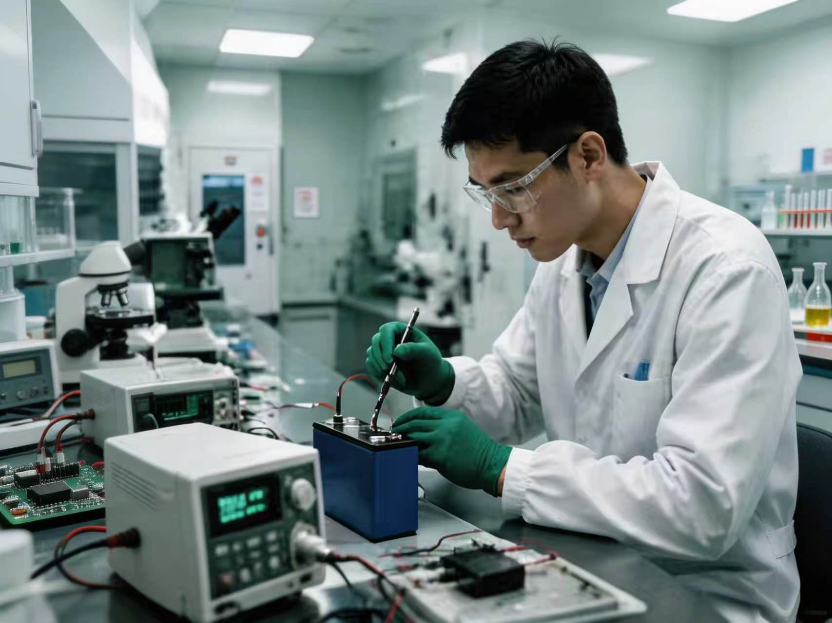 Professional technician conducting precision testing on LiFePO4 battery cells in the Ampulse Power R&D lab to ensure maximum performance and safety.