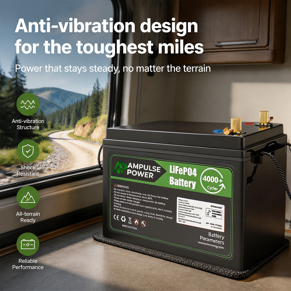Ampulse Power LiFePO4 battery installed inside an RV on an anti-vibration mat, highlighting its shock-resistant design and durability for stable power delivery on rough roads and off-grid adventures.