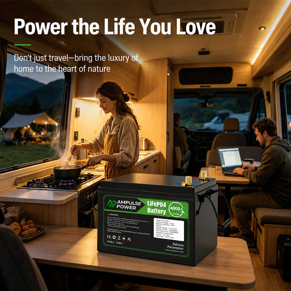 Ampulse Power LiFePO4 battery powering an RV interior where a woman is cooking and a man is working, providing silent and stable electricity for a comfortable mobile lifestyle.