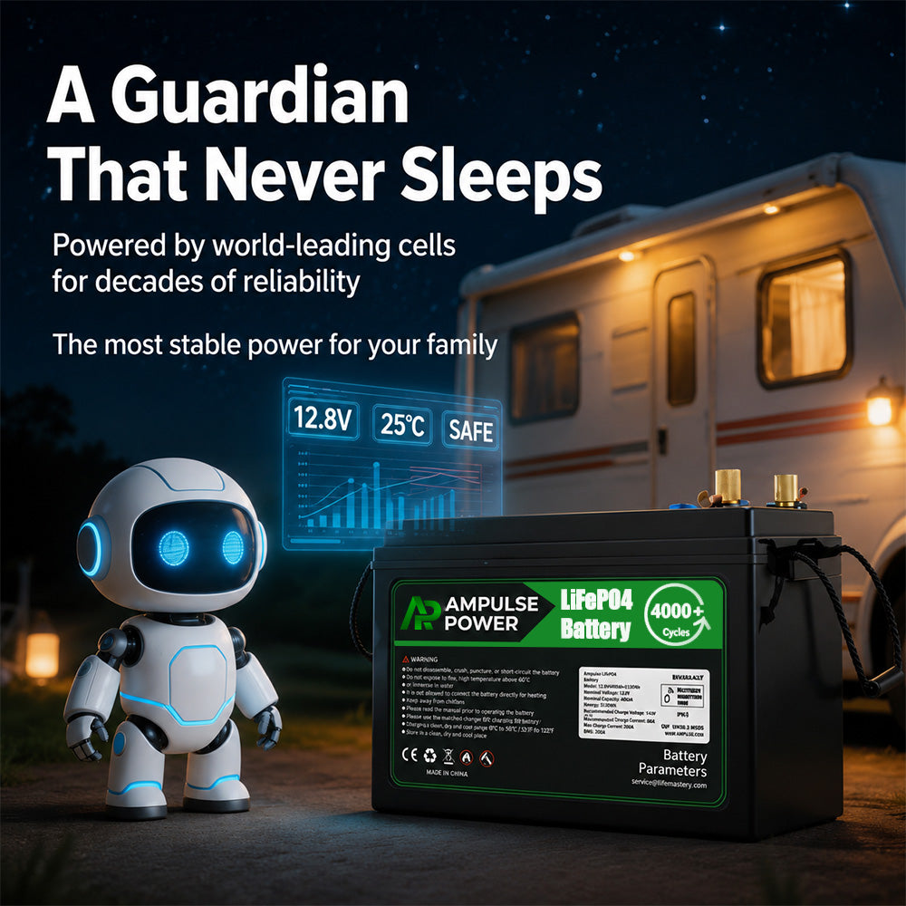 Ampulse Power LiFePO4 battery displayed next to a smart robot and an RV at night, featuring a digital display with 12.8V and safe status, acting as a reliable guardian for stable off-grid power.