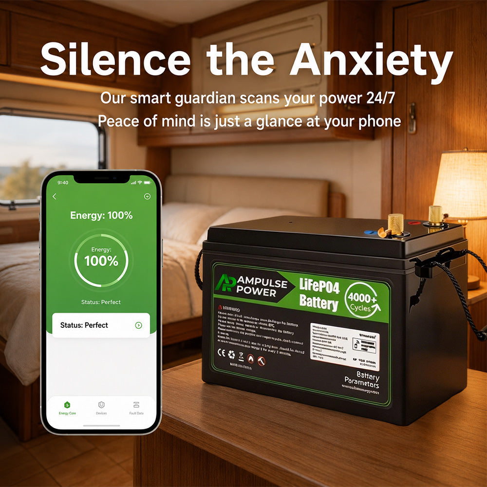 Ampulse Power LiFePO4 battery in an RV bedroom with a smartphone displaying 100% energy and perfect status, offering 24/7 smart monitoring to eliminate power anxiety.