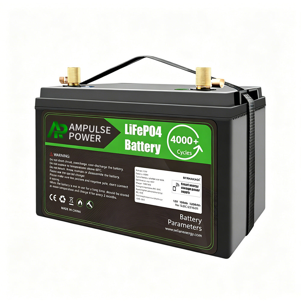 Close-up of Ampulse Power marine lithium battery with 4000+ deep cycles, CE/FC certified for premium off-grid performance.