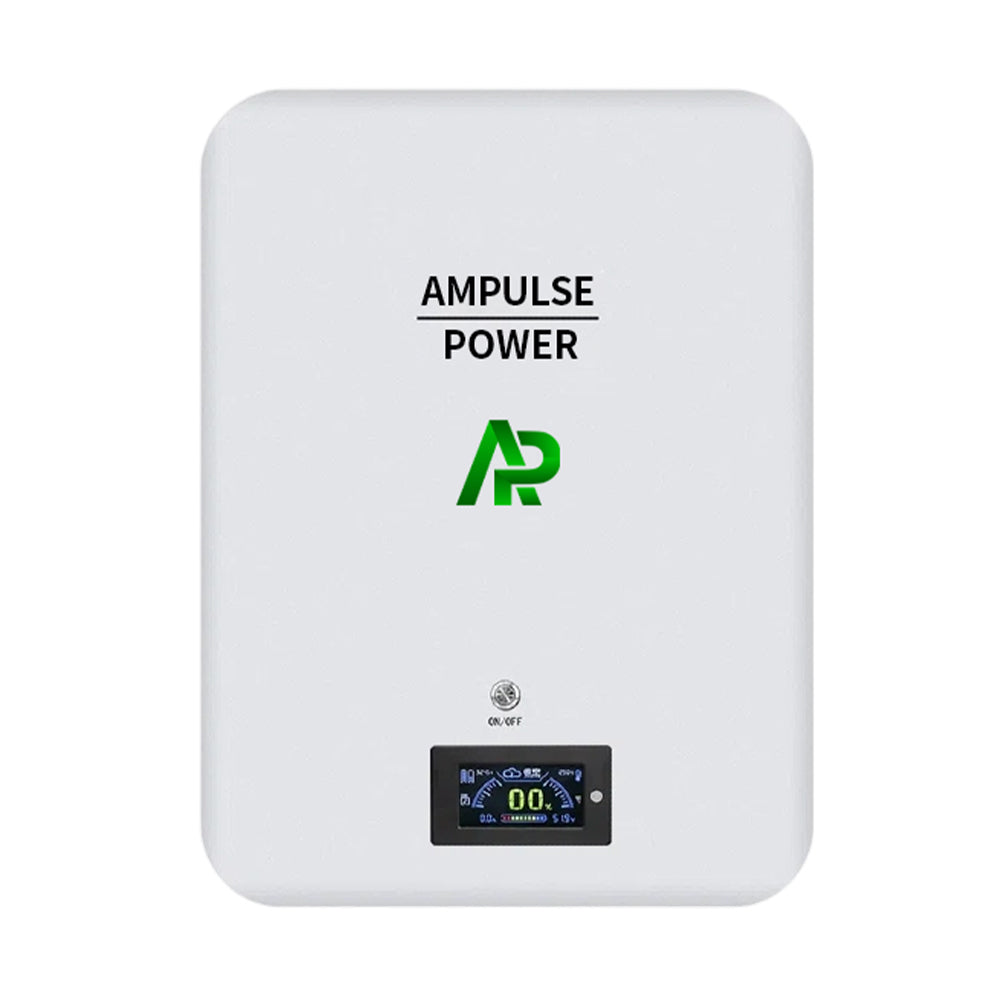 Ampulse Power white wall-mounted LiFePO4 home battery unit with digital display screen.