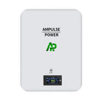 Ampulse Power white wall-mounted LiFePO4 home battery unit with digital display screen.