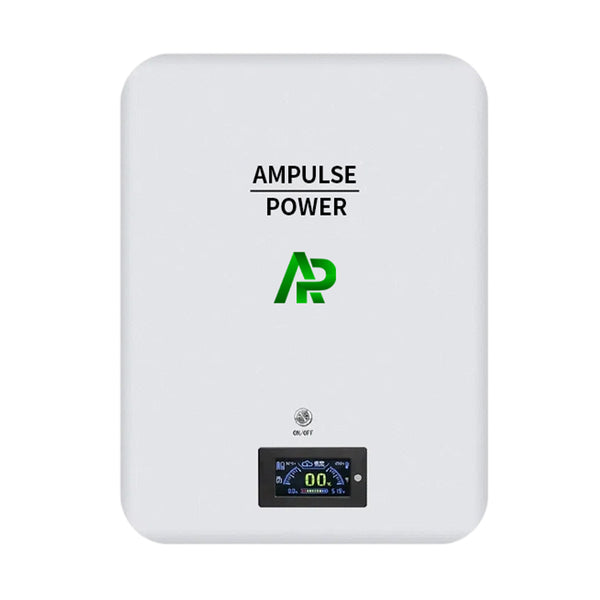 Ampulse Power white wall-mounted LiFePO4 home battery unit with digital display screen.