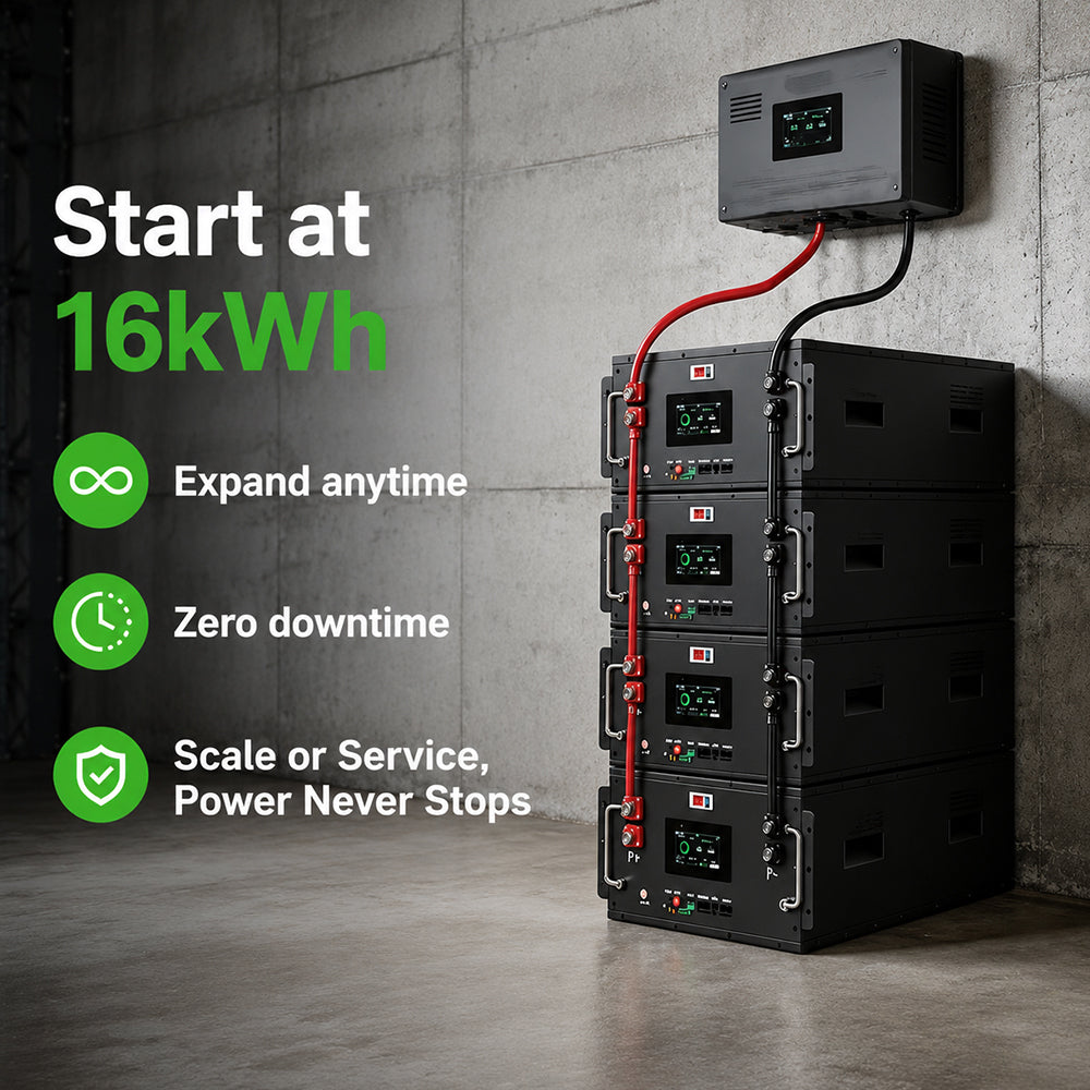 Ampulse modular home battery storage system starting at 16kWh, showing four stackable LiFeP04 units connected to a wall inverter with zero-downtime expansion capability