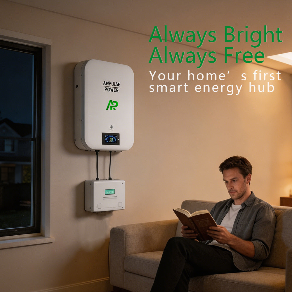 Ampulse Power smart home energy storage system mounted on a living room wall, providing uninterrupted power for a man reading a book.