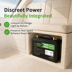 Discreet and compact lithium marine battery beautifully integrated under seating to preserve space and enhance off-grid life.